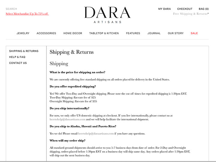 Dara Shipping Information Screenshot