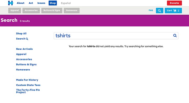 Screenshot of Clinton search results for "tshirt"