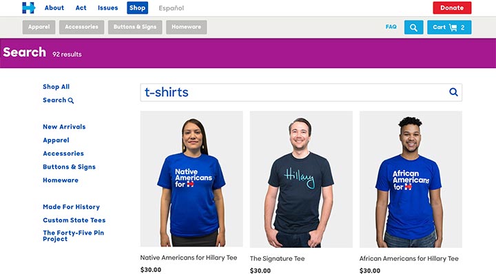 Screenshot of Clinton search results for "t-shirts"
