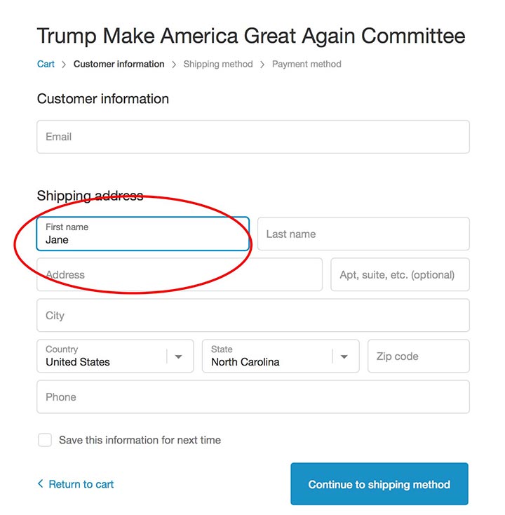 Screenshot of form on Trump's website