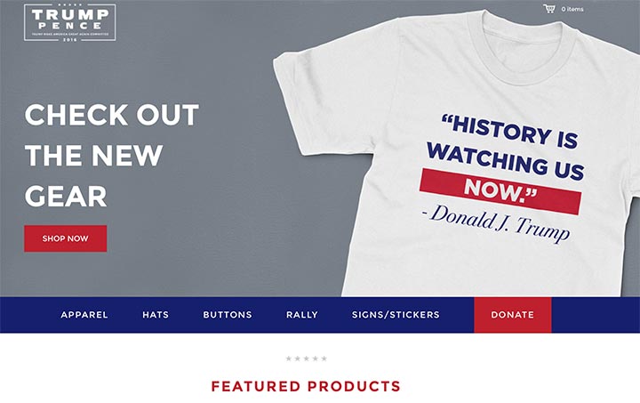 Screenshot of The Trump Shop home page August 26