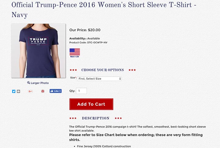 Screenshot of a Trump Shop product page