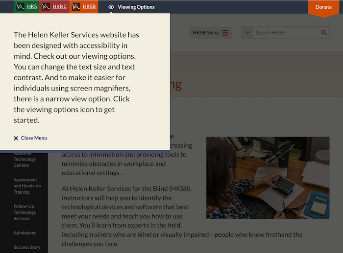 Photo of explanation of accessibility on Helen Keller Services website