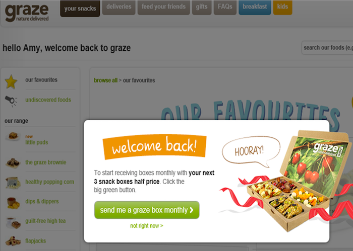 Graze snack box pop-up saying welcome back