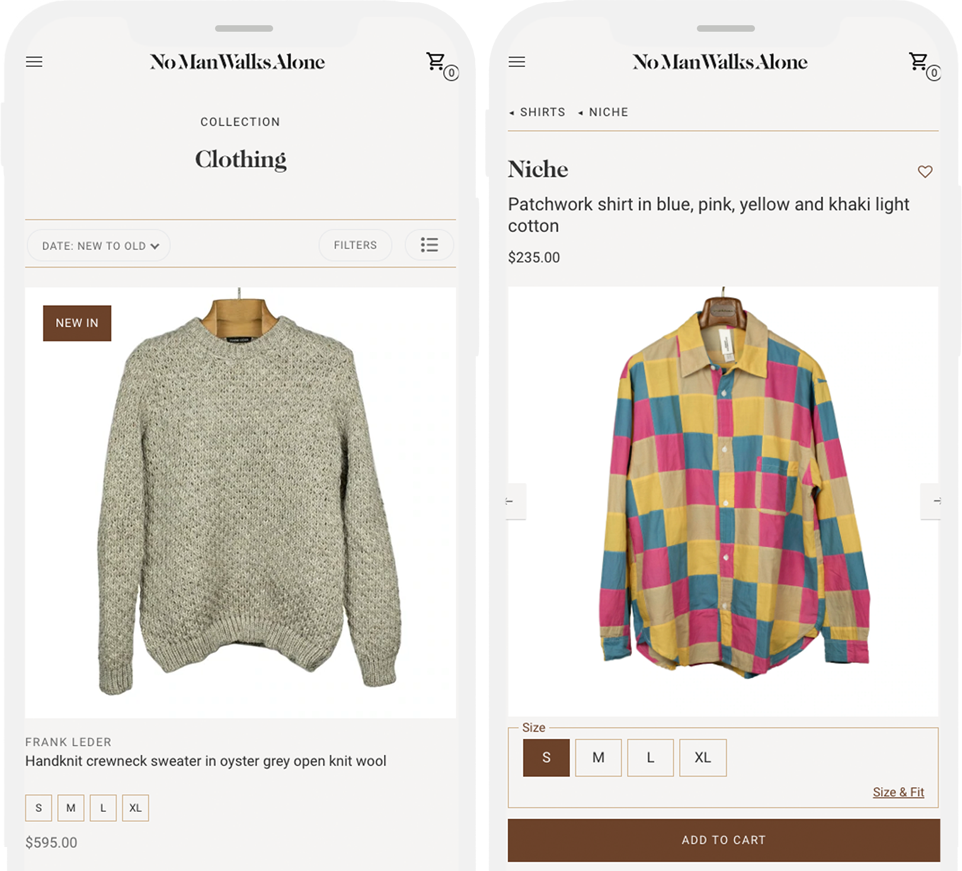 Side by side screenshots of two different website pages on mobile devices featuring different shirts