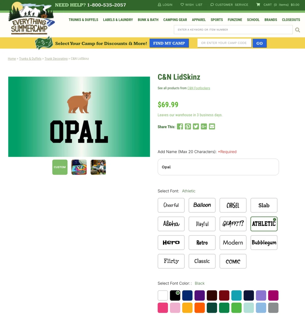 Customization page for a C&N LidSkinz product on the Everything Summer Camp website. The image shows a green trunk lid with a bear graphic and the name 'Opal' in black text, customized using the 'Athletic' font. Various font styles and colors are available for personalization.