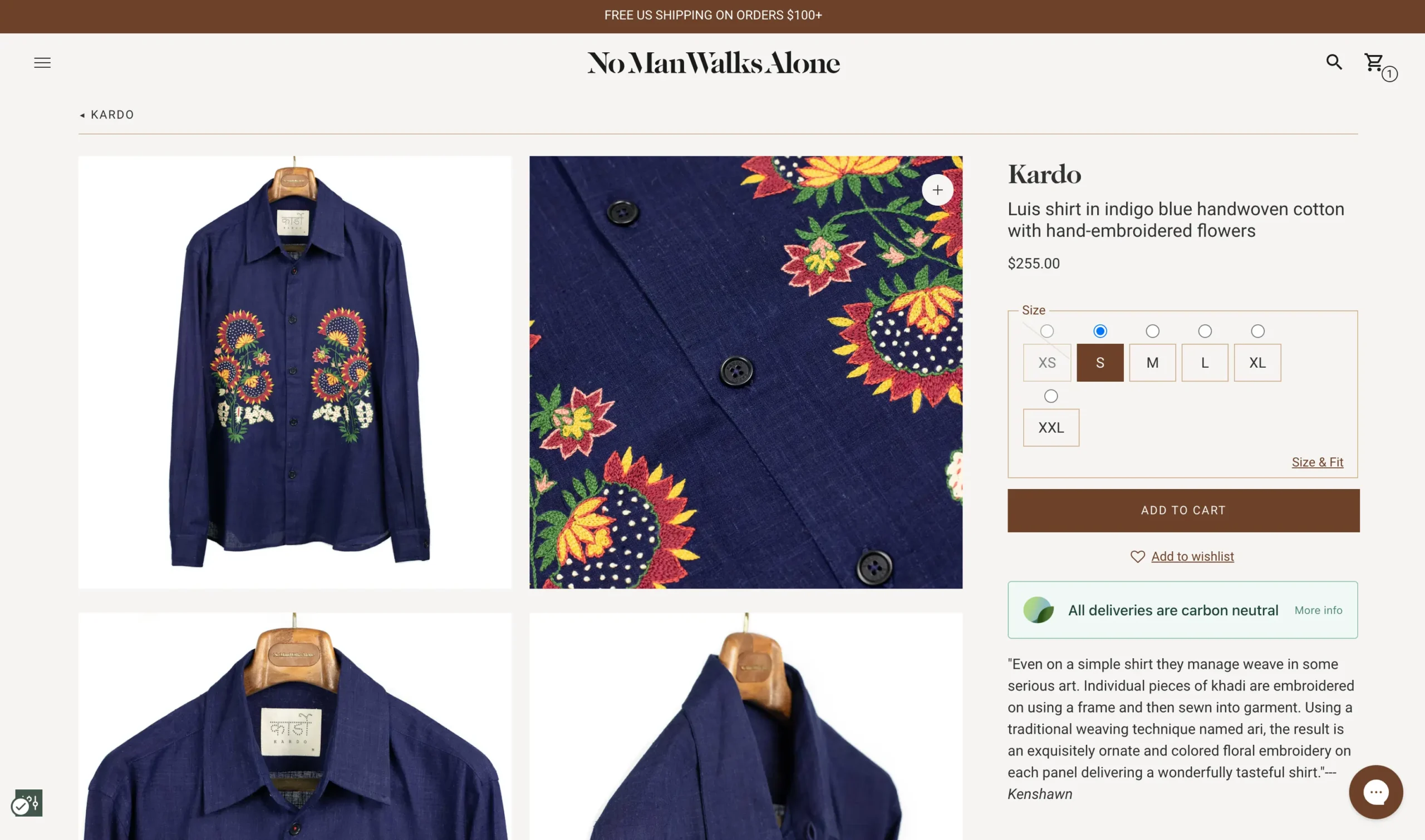 screenshot of blue shirt with details on website