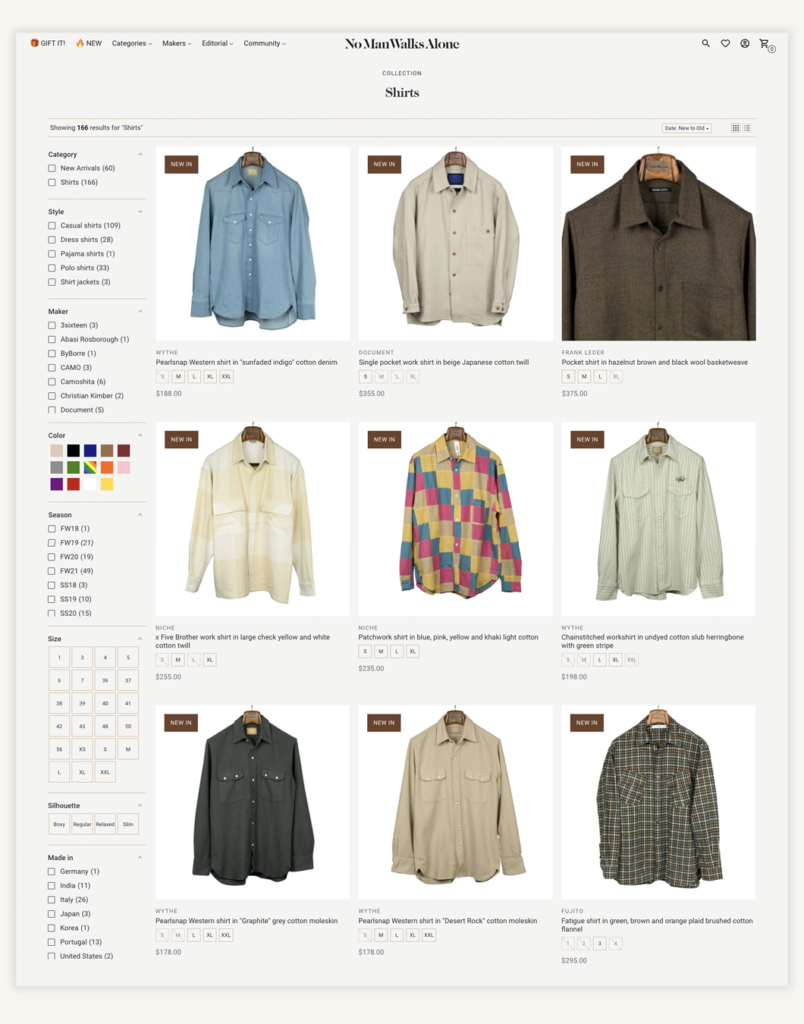 Screenshot of NMWA category page on website featuring many button down shirts
