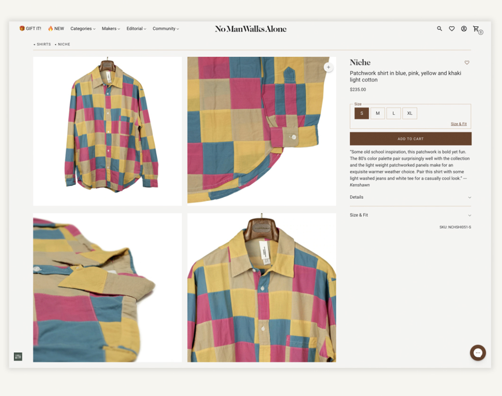 Screenshot of NMWA product details website page featuring a colorful shirt