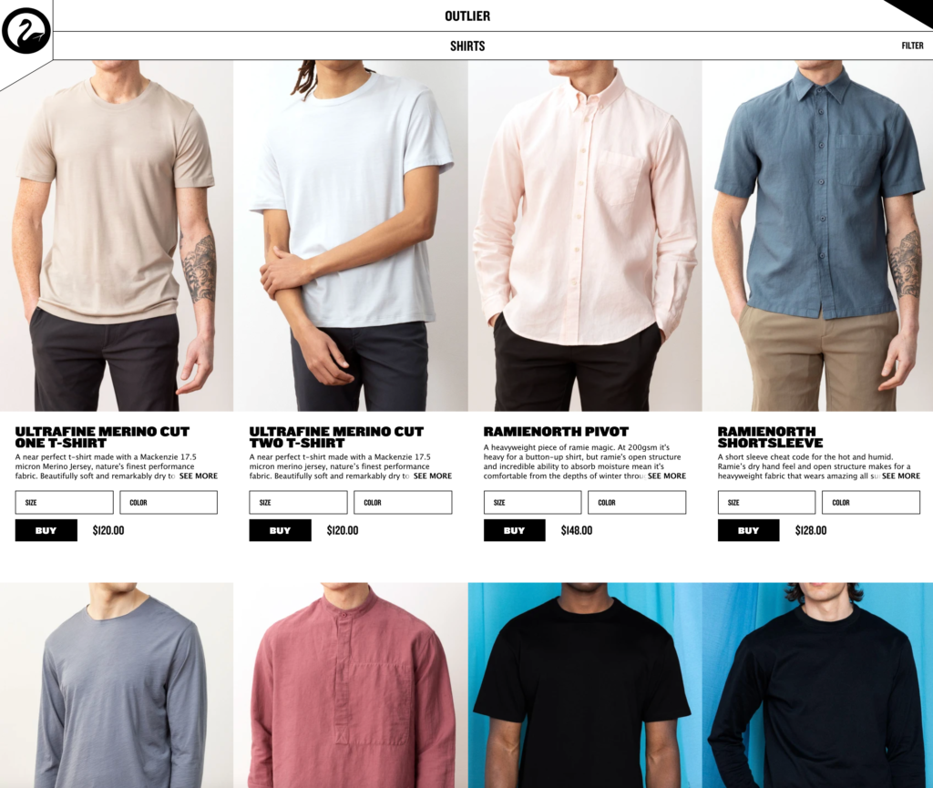 Product listing page for shirts on the Outlier website, displaying six models wearing different shirt styles, including the Ultrafine Merino Cut One T-shirt, Ultrafine Merino Cut Two T-shirt, Ramienorth Pivot shirt, and Ramienorth Shortsleeve.