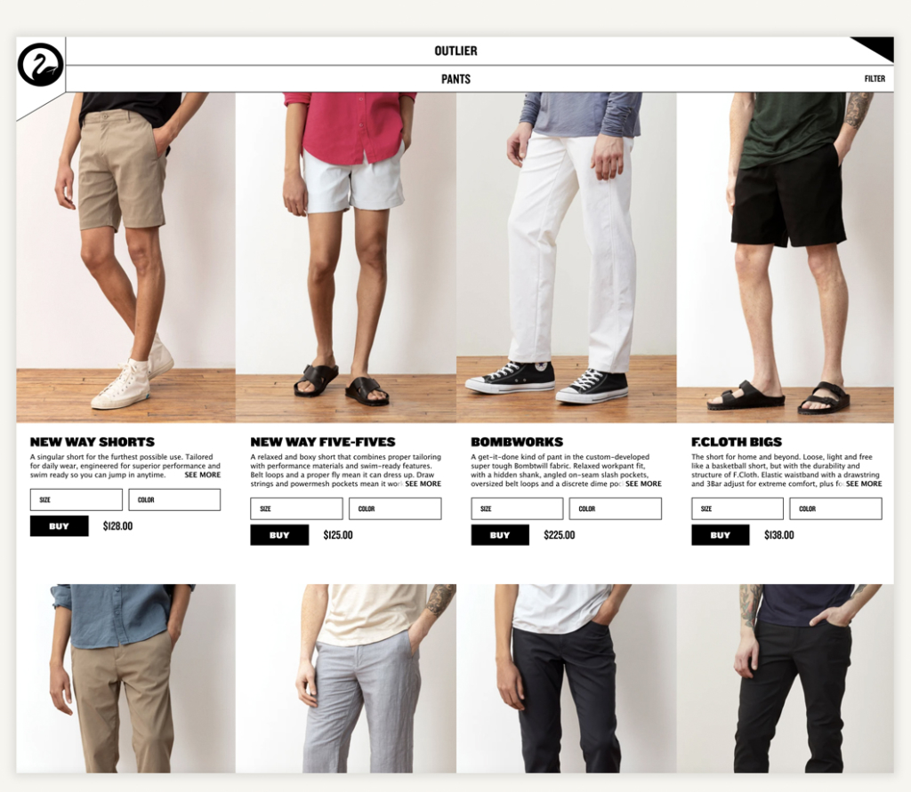 Screenshot of Outlier's PLP page showing pants