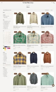 Product listing page for shirts on the No Man Walks Alone website, showcasing various styles of shirts in different colors and patterns. The page features filtering options for size, color, season, and style, along with prices and availability. Shirts are displayed on wooden hangers with details such as 'New In' and 'Back in Stock' tags.