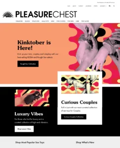 Pleasure Chest homepage featuring a 'Kinktober is Here!' banner promoting BDSM and Rough Sex products, with sections for 'Luxury Vibes' and 'Curious Couples' collections showcasing curated high-end sex toys for individuals and couples.