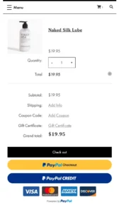 Mobile checkout page displaying the product 'Naked Silk Lube,' priced at $19.95. The cart includes options to adjust quantity, apply coupon codes, and gift certificates, with payment options such as PayPal and credit cards at the bottom for secure checkout.