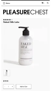 Mobile product page featuring 'Naked Silk Lube' displayed on Pleasure Chest's website, with an option to adjust quantity, add to cart, and product description details underneath."