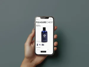 A mobile phone displaying a product page for Sliquid Satin lubricant on the Pleasure Chest website, with a detailed view of the product bottle and purchase options.