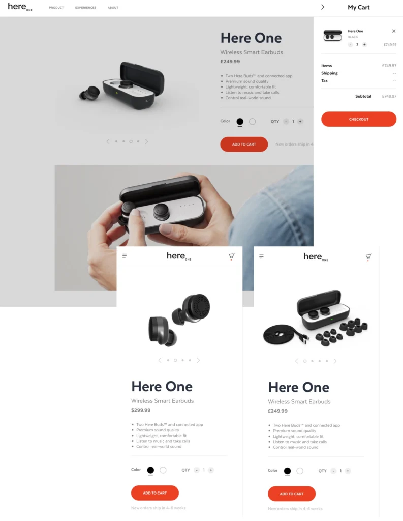 Here One Wireless Smart Earbuds product page, showcasing earbuds with features like premium sound quality, smart noise cancellation, and speech enhancement. The page highlights pricing, color options, add-to-cart functionality, and includes visuals of the earbuds in use.