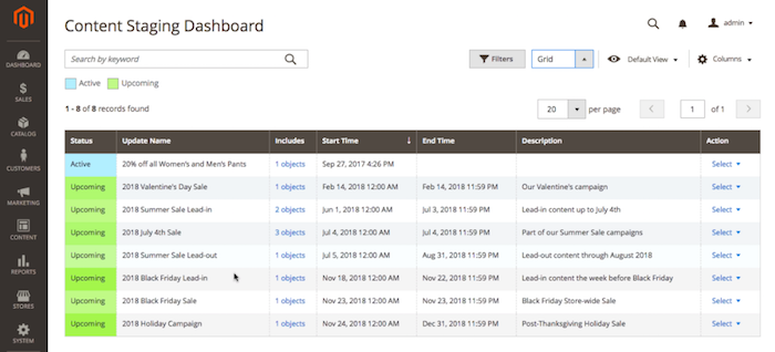 Screenshot of Magento dashboard showing schedule of upcoming sales campaigns