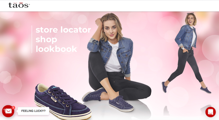 Taos Footwear homepage shows woman wearing navy Taos sneakers 