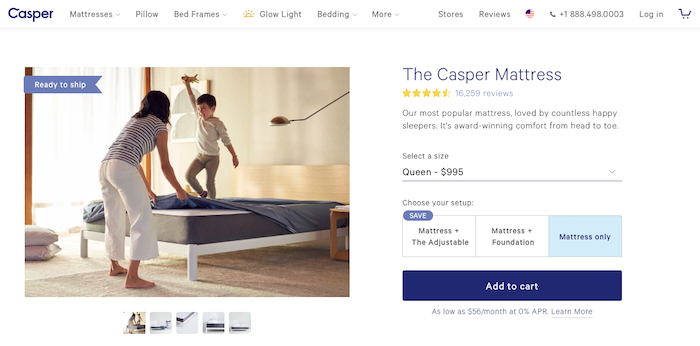 Photo of Casper homepage, site sells bedding, matresses, and similar items