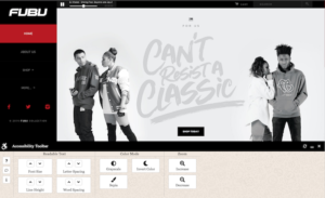 Homepage of FUBU.com showing trending fashion looks with accessibility tool bar lining the bottom of the page