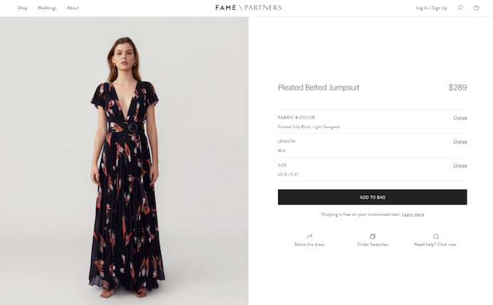 Woman in long, flowy dress from Fame and Partners with options to customize the look