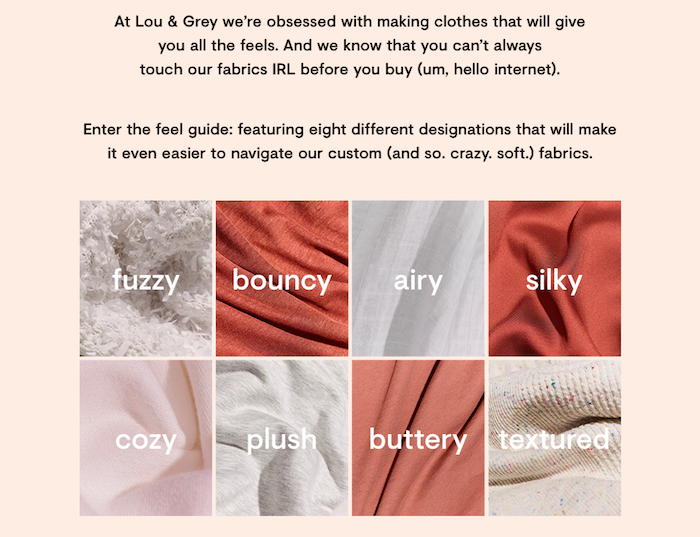 The Feel Guide from Lou and Grey. Photo shows every type of fabric in a grid labeled with how the fabric feels. 