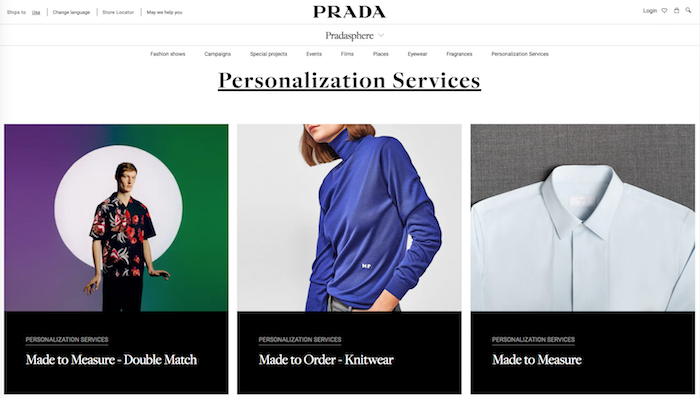 Photo of Prada site showing three different options for personalization services