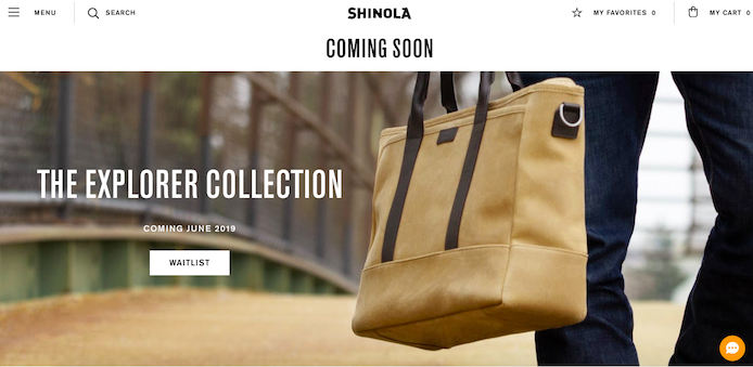 Photo showing the Shinola tote with an option to sign up for the waiting list