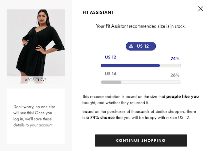 Woman wearing black dress from ASOS; Fit Sizing tool suggests a 74% chance the Size 12 will fit best and 26% chance for size 14