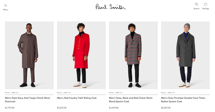 Four different Paul Smith coats modeled by men