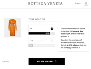 Image of brown leather dress showing results of sizing quiz. Final result says theres an 82 percent chance the size 8 will fit well.