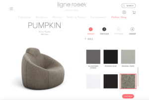 Stylish chair from furniture company shown at an angle in preferred fabric selected by viewer