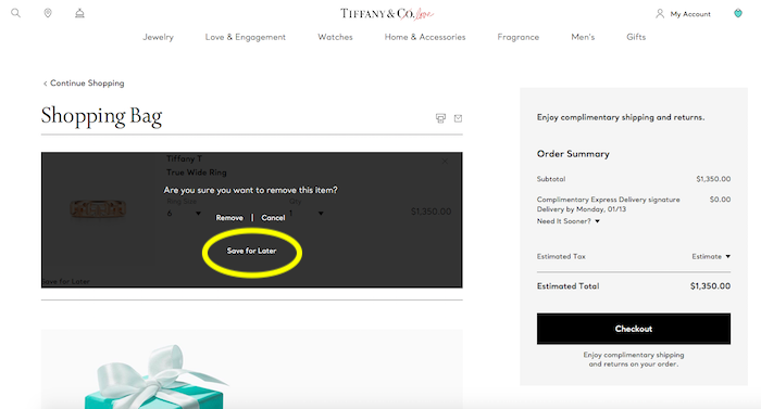 Image of checkout page from Tiffany and Company. Page asks if buyer would like to save item for later.