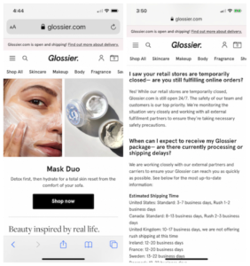 Screenshot of Glossier's announcements on mobile site