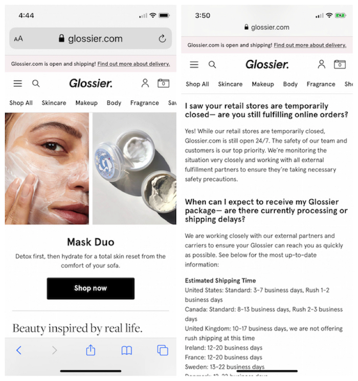 Screenshot of Glossier's announcements on mobile site 