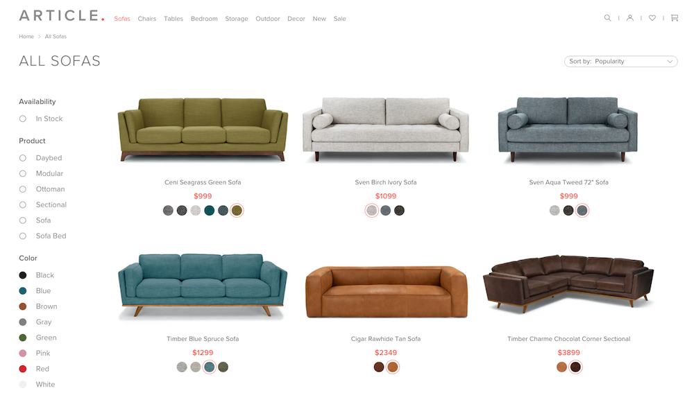 Photo grid showing large couches in different shapes and colors