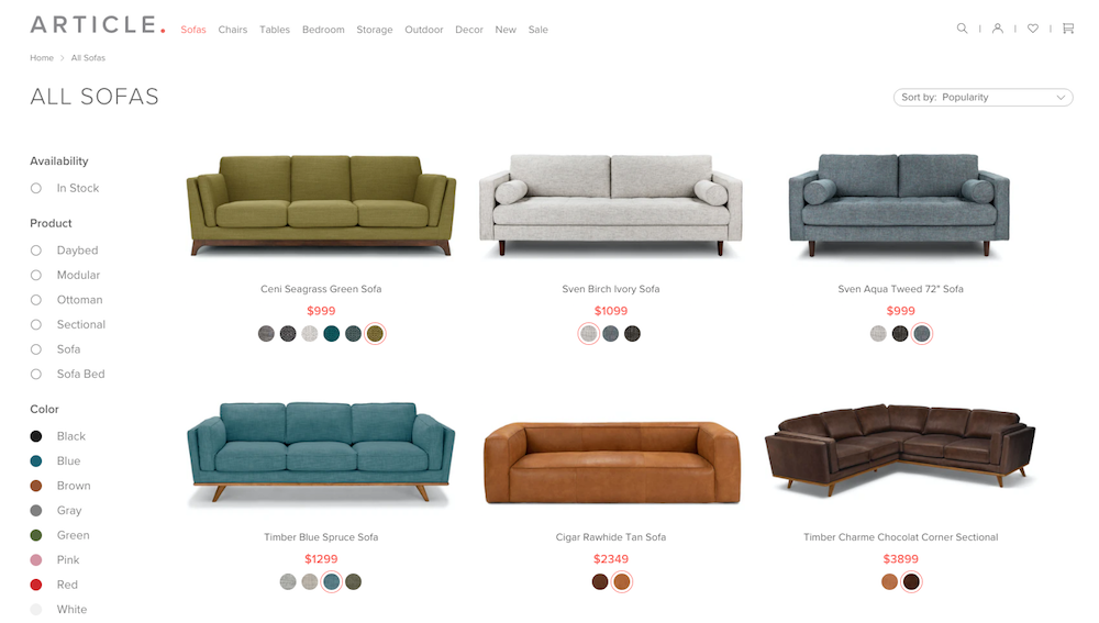 Product Category Page Examples for Furniture Retailers