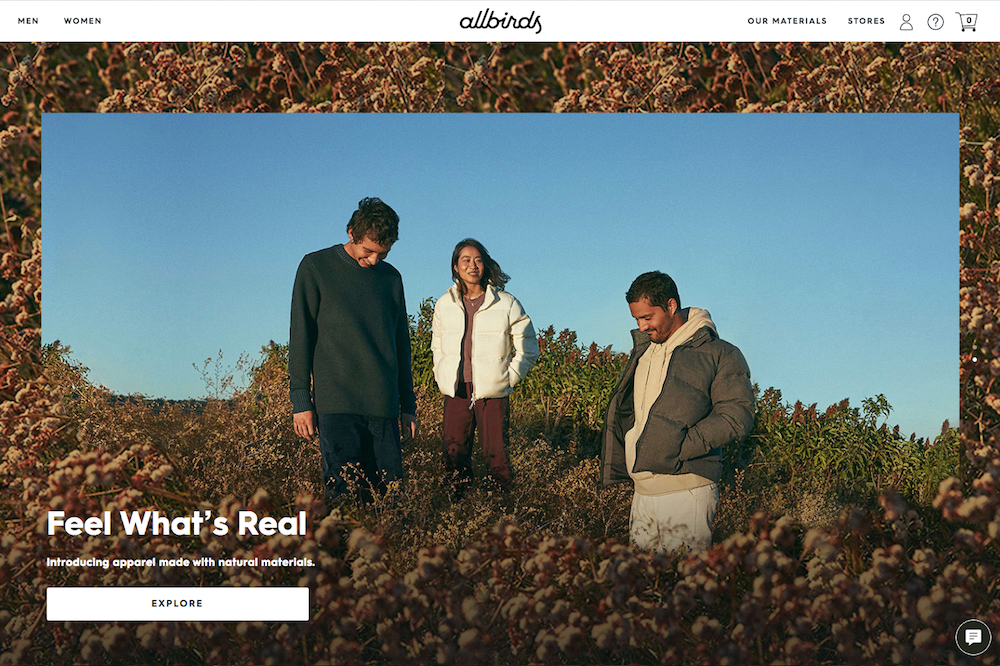 Image of Allbirds landing page showing three young people hanging out in nature