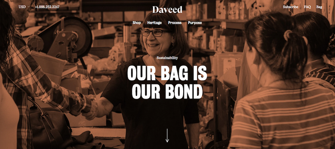 Photo of the founder of Daveed Bags. Caption reads our bag is our bond