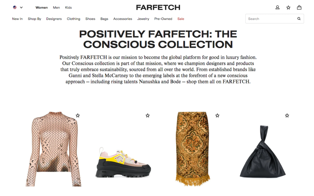 Photo shows landing page of the Conscious Collection on Farfetch featuring a shirt, a pair of shoes, a skirt, and a handbag. All made with sustainability in mind.