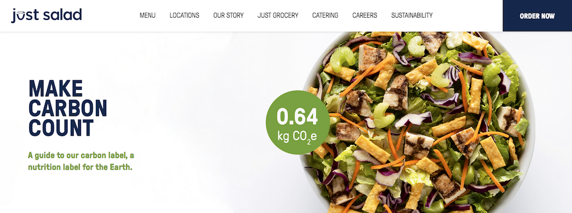 Photo of large, delicious looking salad showing carbon impact of 0.64 kg CO2e