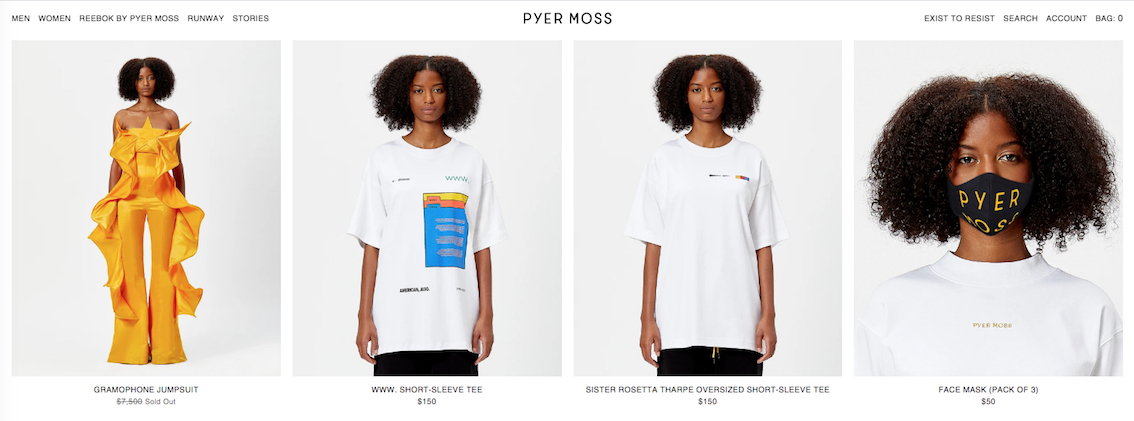 Series of photos showing model wearing clothing from Pyer Moss: gold jumpsuit, t-shirt, facial mask