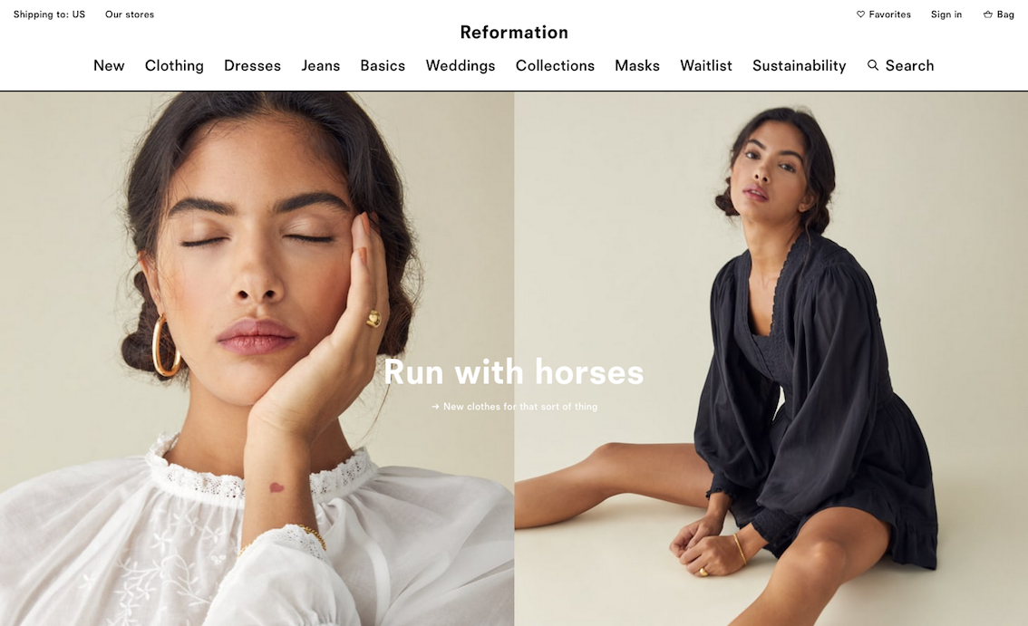 Photo of Reformation landing page. It's split into two images. On the left is a young woman holding her face with her left hand. On the right she sits on the floor wearing a navy Reformation dress