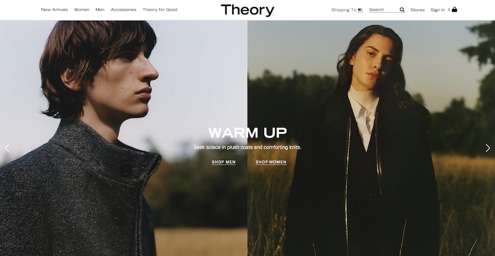 Photo of landing page for Theory fashion. On the left is side portrait of young man wearing Theory coat. On the right a woman wears womens Theory winter coat.