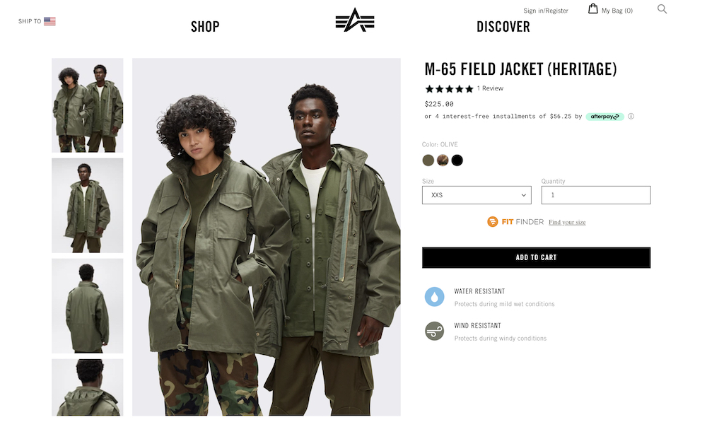 Woman and man stand next to each other wearing green jacket from Alpha Industries