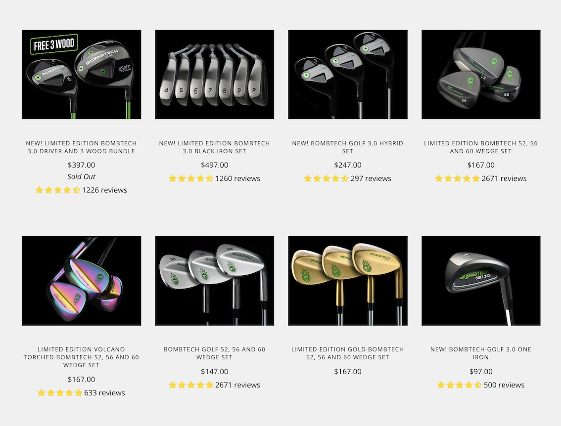 Photo grid showing 8 different types of golf clubs from BombTech Golf
