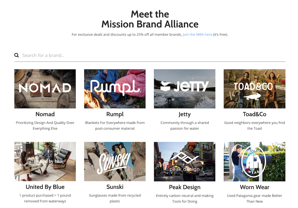 Grid of photos representing 8 of the 20 plus companies in the Mission Brand Alliance