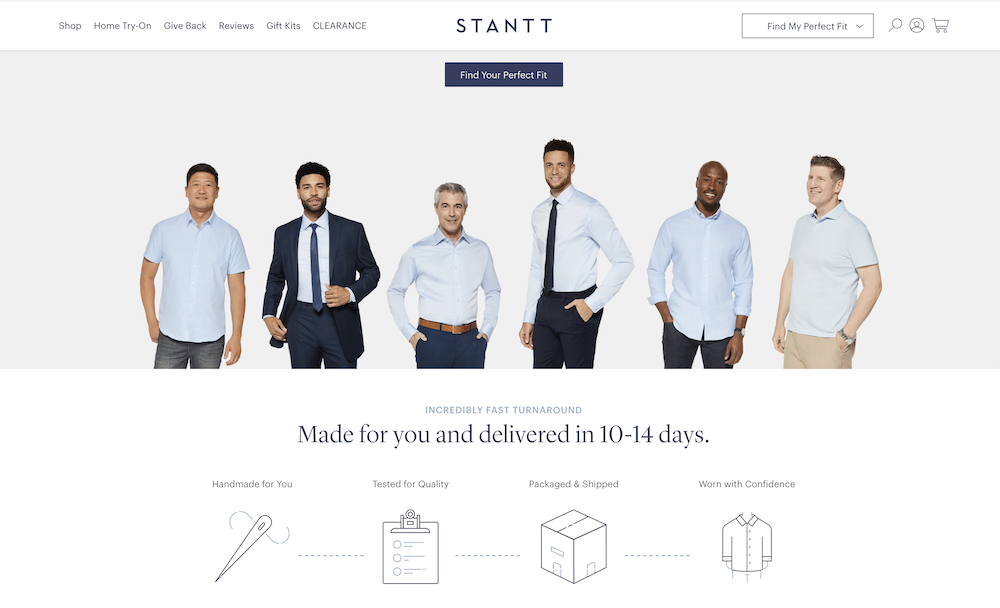 Six men of varying size and shape wearing shirts from Stantt