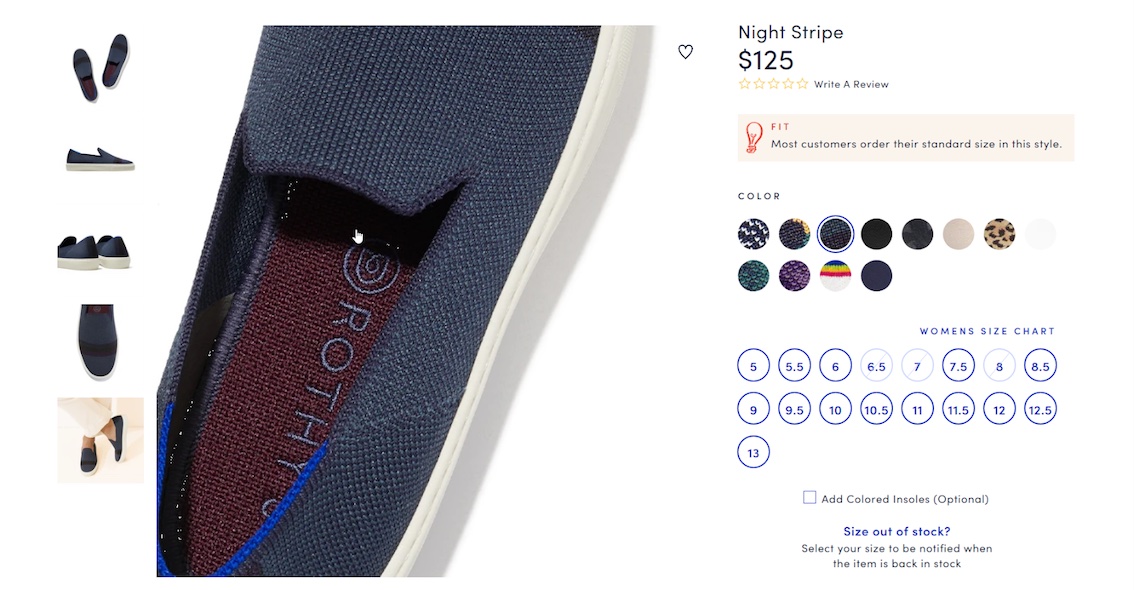 Photo showing close up of Rothys shoe in navy using product photo zoom